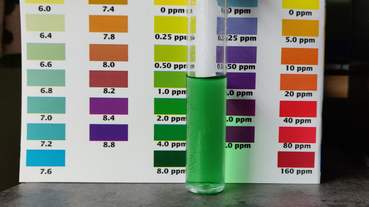 A vial of water showing the result of an API freshwater ammonia test